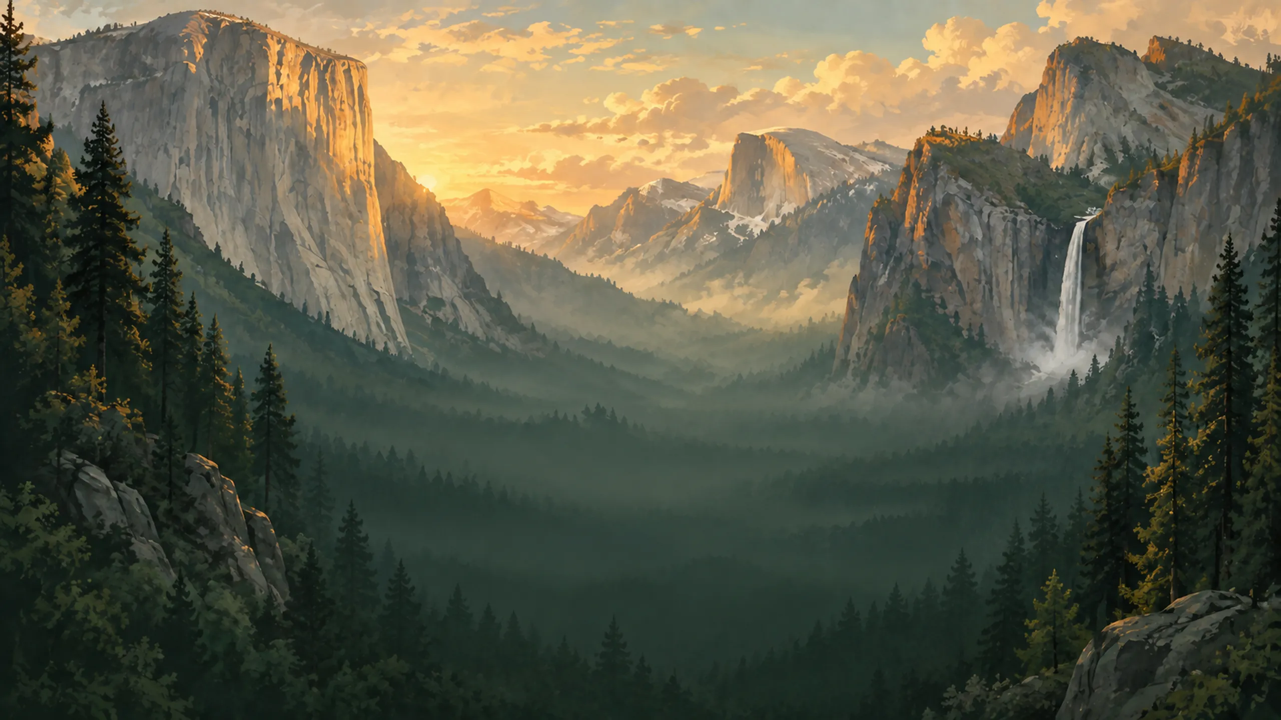A painting of Yosemite Valley, with granite cliffs, pines and a waterfall in golden light.